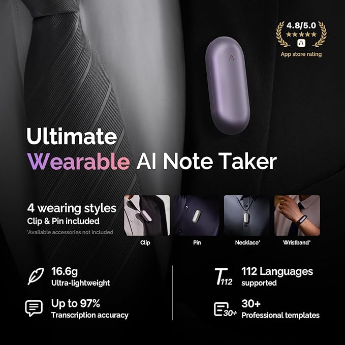 NotePin Voice Recorder, AI Voice Recorder, App Control, AI Notetaker, AI Transcribe & Summarize, Support 112 Languages, 64GB Memory, Audio Recorder for Lectures, Meetings, Cosmic Gray