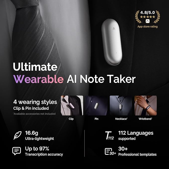 NotePin Voice Recorder, AI Voice Recorder, App Control, AI Notetaker, AI Transcribe & Summarize, Support 112 Languages, 64GB Memory, Audio Recorder for Lectures, Meetings, Cosmic Gray
